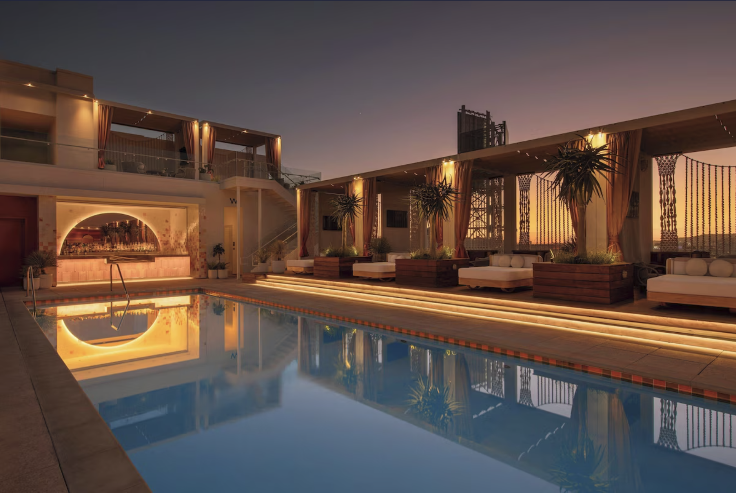 W Hollywood pool deck at dusk